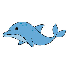 Cute cartoon dolphin isolated on white background. Children vector illustration in doodle style
