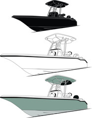 High quality line drawing vector fishing boat. Black, white and color illustration.