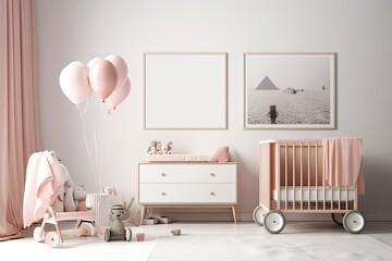 mockup of a wall in a kids' room with a stroller against a light white background,. Generative AI