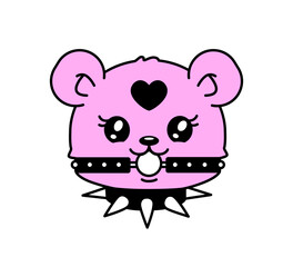 Perfect Y2k Teddy Bear toy aesthetic 2000s style tattoo or sticker design. Gothic punk teddy bear toy in studded collar and ball gag. Gothic 00's sticker black and pink colors. Isolated vector 
