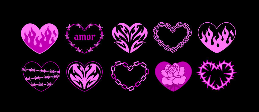 Y2k Gothic Punk Hearts tattoo art stickers set 4. Vector pink hearts with barbed wire, fire, amor, rose, chain. Neo tribal style heart tattoo. Aesthetic 2000s gothic girly print design