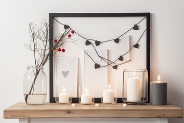 mockup of a black frame with candles and Valentine's Day heart decorations. White wall with a wood shelf. Copy space. Generative AI