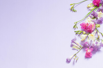 Fototapeta na wymiar pink, white and purple flowers on light purple background