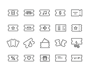 Tickets Related Vector Line Icons. Contains such Icons as Early Bird, Combo offer, Mobile Ticket line icons set, editable stroke isolated on white, linear vector outline illustration, symbol logo