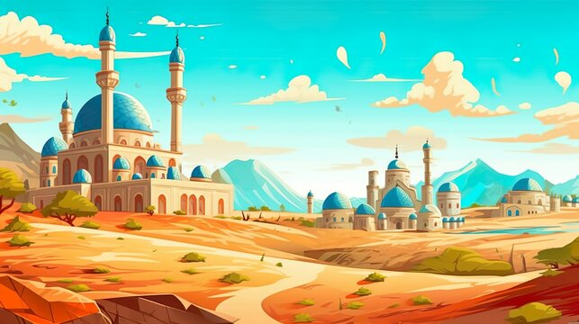 Abstract background rise of Islam. Illustration of the grandeur of a historic Islamic temple as a symbolic representation of the rise of Islam. Generative AI.