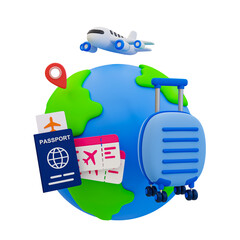 3d minimal holiday travel trip. summer vacation trip. relaxation time concept. globe with airplane and luggage. 3d illustration.