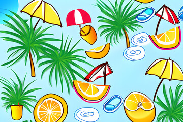 Obraz premium summer, vacation, see, seeside, ocean, sandal, shoes, parasol, beach, beach umbrella, hat, sun, hot, ball, beach ball, sunglass, Generative AI, 생성형, 인공지능