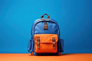 Blue school backpack on orange background, concept back to school concept with copy space