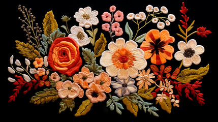 Embroidery flower rose poppy daisy gerbera herb sticker patch fashion print textile illustration art. Floral decoration texture photo - obrazy, fototapety, plakaty