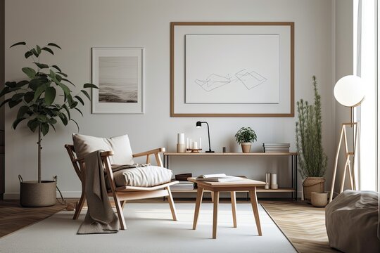 Modern interior design of a comfy home's living room with a mock up poster frame, a wooden stool, decorations, and stylish personal items. Template. Generative AI