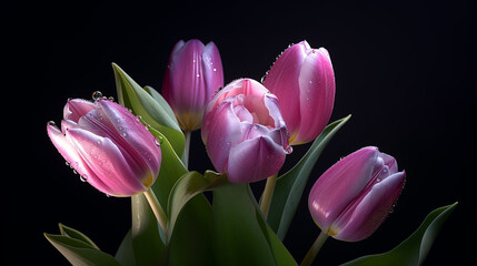 Obraz premium pink tulips on black background HD 8K wallpaper Stock Photographic Image 