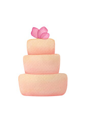 A three tiered delicate delicious wedding cake with pink cream or isomalt decor for bride, groom. Watercolor illustration on transparent background. Dietary dessert in wedding menu of low calorie cake