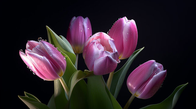 pink tulips on black background HD 8K wallpaper Stock Photographic Image
