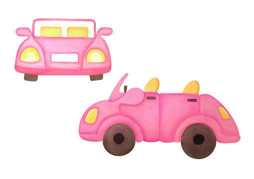 Hand painted set of pink car without roof. Watercolor illustration isolated on transparent background. clipart cartoon convertible for creative design, greeting card, banner, poster, scrapbooking 