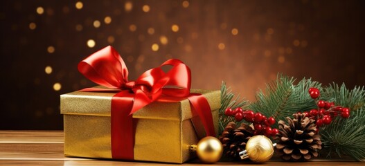 Festive gift box with red bow and golden ornament. Concept of Christmas celebration.
