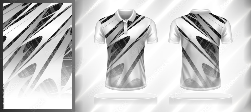 Wall mural Vector sport pattern design template for Polo T-shirt front and back with short sleeve view mockup. Shades of black-grey-white color gradient abstract texture background illustration. - Wall murals