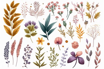 set of separate parts of flowers in watercolors