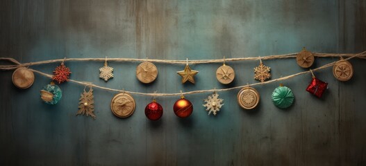 Festive eco decor with recycled Christmas ornaments. Concept of sustainable celebration.