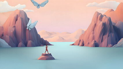 Conceptual landing page background design with mountain, river & butterflies are flying in the sky in soft pastel colors . Generative AI