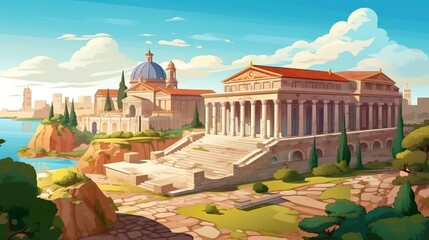 Abstract background Roman architecture. A vibrant banner design with a captivating illustration of ancient architectural landmarks against a colorful background. Generative AI. - Powered by Adobe