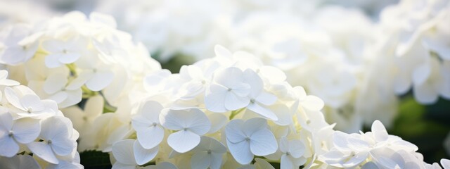 Flowers background banner texture - Closeup of white beautiful blooming hydrangea field (Generative Ai) - obrazy, fototapety, plakaty