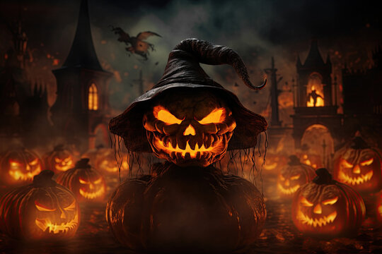 Halloween pumpkin Jack-o-lantern with haunted mansin in the background. Ai Generative illustration