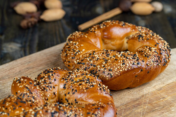 soft and fresh wheat bagel sprinkled with white and black sesame seeds