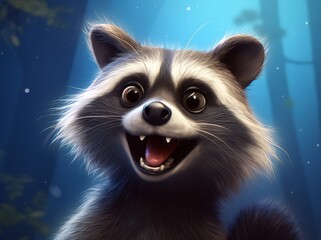 Obraz premium Funny Raccoon Portrait, A Beautiful and Cute Young Mammal in its Natural Habitat, Generative AI