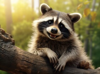Fototapeta premium Funny Raccoon Portrait, A Beautiful and Cute Young Mammal in its Natural Habitat, Generative AI