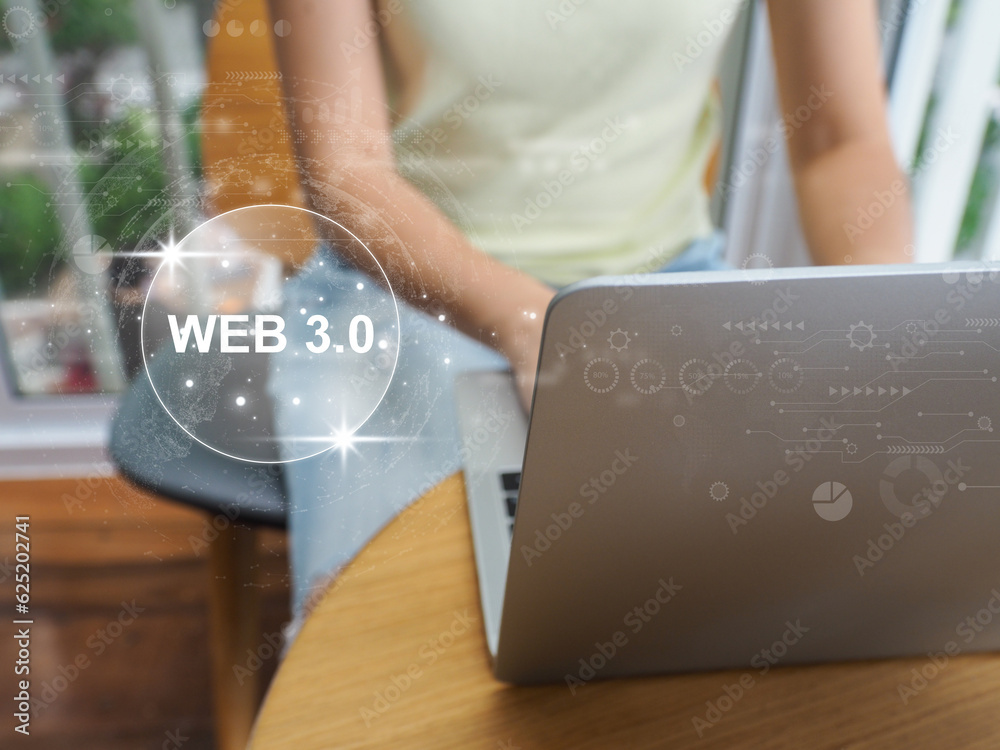 Sticker young woman connected to web 3.0 through laptop. global networking technology advancement. the devel