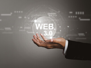 Fototapeta premium Businessman showing web 3.0 technology advancement, global network connection The development of the Internet speed of the future business website