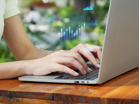 Business analytics, data and data management system with KPI. Businessman using laptop for business data. on the virtual window