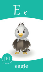 English alphabet flash card. Letter E study - eagle.  Kids ABC cards. Phonics flashcards collection. Cartoon illustration vector.