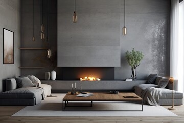 Modern living room interior with a concrete fireplace, interior scene and mockup. Generative AI