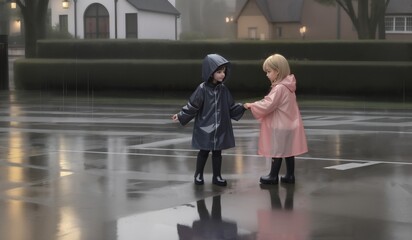 Children walk in the rain through the puddles in rubber boots. Generative AI
