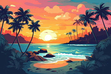 Fototapeta na wymiar sunset on tropical beach landscape illustration Generative AI