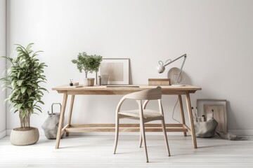 Mockup of a Nordic Wooden Work Desk with a Small Chair and Vacant Walls. Alongside the desk, there are ornamental items, white wooden floors, and a dry indoor plant. Generative AI