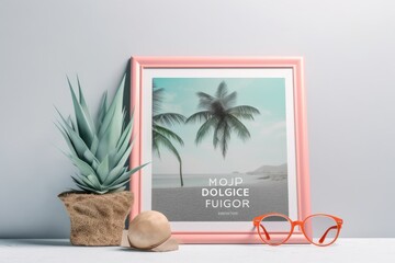 Mockup of a pink frame on a white background with a coconut tree, a beach, and home décor. Generative AI