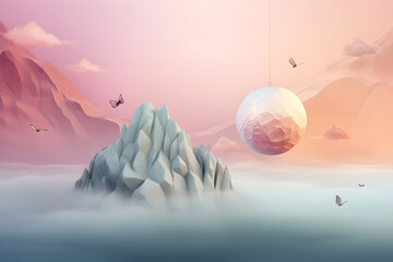 Conceptual landing page background design with mountain and sky in soft pastel colors, Creative illustration web background  . Generative AI