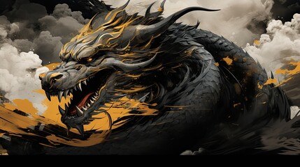 A black and golden dragon with ink brush strokes 