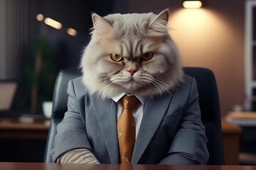 Stylish feline business executive posing in a formal suit at the office, generative AI