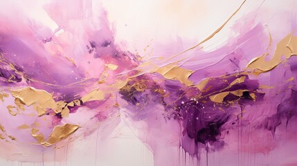 Abstract art, paint splashed purple pink gold, textured