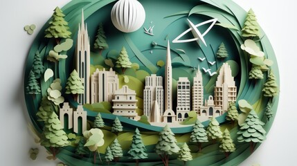 Eco Friendly City Concept in a Beautiful Paper Cut Style Design. Green Living and Urban Sustainability on Earth. Green Energy. Made With Generative AI. 