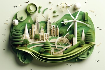 Eco Friendly City Concept in a Beautiful Paper Cut Style Design. Green Living and Urban Sustainability on Earth. Green Energy. Made With Generative AI. 