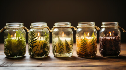A row of mason jars filled with different types of plants. Generative AI.