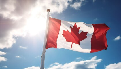 Fototapeta premium Canada flag flying on the blue sky.