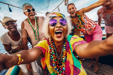 Generative AI illustration of happy aged black female influencer filming vlog with adult friends while swimming on boat in sea