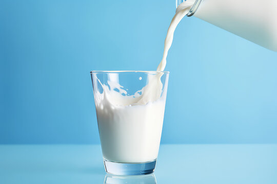 Fresh milk in a glass splashing isolated on flat blue background with copy space. Splashes of white liquid in a glass, banner template.