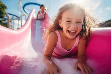 Generative AI portrait of smiling child looking at camera while lying on belly playing in water slide against blurred blue sky in daylight