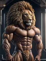 Fototapeta premium Realistic gym environment, a humanoid lion, a bodybuilder of unparalleled strength and physique, strides dramatically, exuding inspiring presence that captivates all who witness this insanely detailed